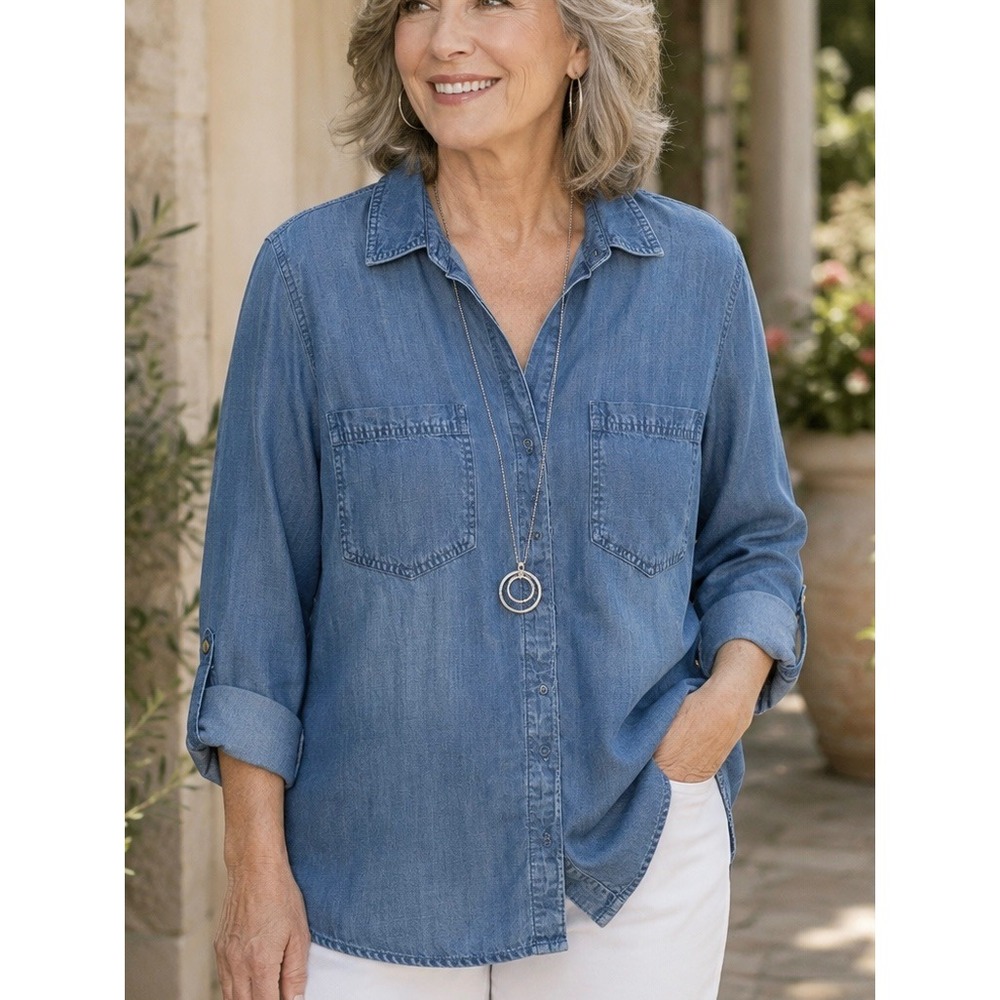 Chico's Blue Tencel Lyocell Button Down Shirt XL Size 3 Chambray Top Casual